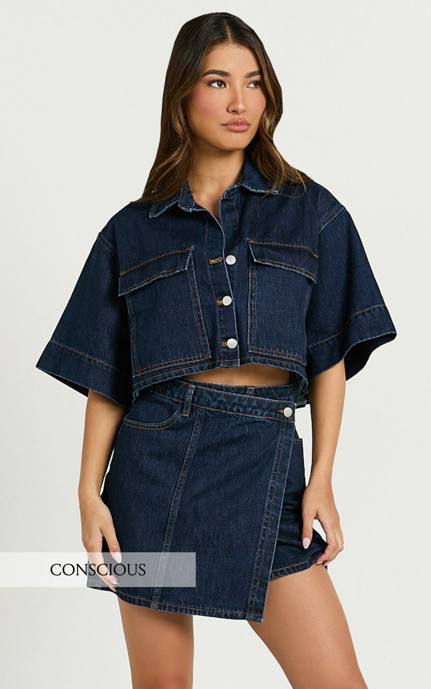 Katherine Mini Skirt - Cross Front Recycled Denim Skirt in Dark Blue Wash