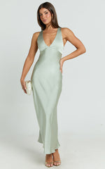 Khalani Midi Dress - Deep V Neck Satin Slip Dress in Sage