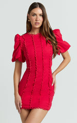 Laila Mini Linen Blend Dress - High Neck Side Cut Out Puff Sleeve Straight Dress in Red