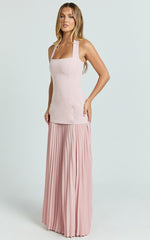 Loretta Maxi Dress - Contrast Halter Neck Pleated Dress in Pink