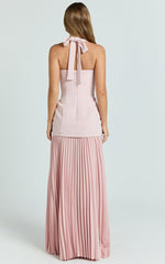 Loretta Maxi Dress - Contrast Halter Neck Pleated Dress in Pink