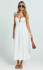 Lucienne Midi Dress - Ruched Button Up Front Dress in White