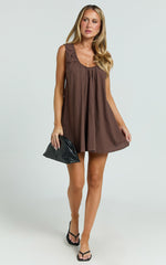 Lucinda Mini Dress - Deep U Gathered Neck Smock Dress in Chocolate