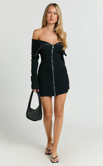 Madeline Mini Dress - Folded Off Shoulder Double Zip Hardware Front Knit Dress in Black