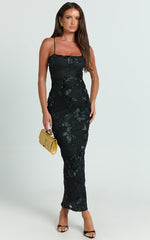 Mina Midi Dress - Embroidered Mesh Dress in Black