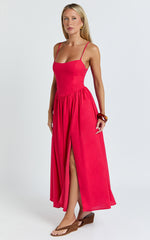 Morris Midi Dress - Linen Scoop Neck Gathered Dress in Red