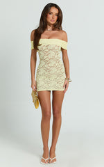 Nalani Mini Dress - Lace Off Shoulder Bodycon Dress in Lemon