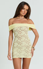 Nalani Mini Dress - Lace Off Shoulder Bodycon Dress in Lemon