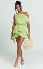Niana Mini Dress - Drape One Shoulder Dress in Green