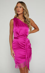 Nika Mini Dress - One Shoulder Asymmetrical Hem Dress in Fuchsia