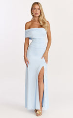 Opal Maxi Dress - Off Shoulder Gathered Bodice Fit And Flare Dress in Blue