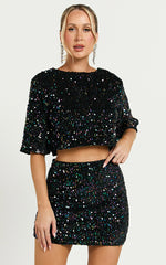 Reah Two Piece Set - Tie Back Top and High Waisted Sequin Mini Skirt in Black