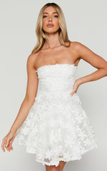 Rheiva Mini Dress - Strapless 3D Embroidery Dress in White