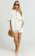 Rhianna Top - Oversized Recycled Denim Short Sleeve Shirt in Ecru with Contrast Tobacco Stitch