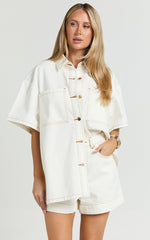 Rhianna Top - Oversized Recycled Denim Short Sleeve Shirt in Ecru with Contrast Tobacco Stitch