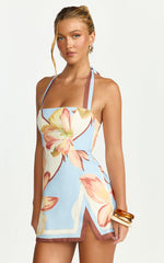 Robyn Mini Dress - Square Neck Halter Neck Faux Wrap Dress in Retro Flower Border Print