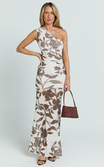 Schiffer Maxi Dress - One Shoulder Ruched Bodycon Dress in Neutral Floral Print