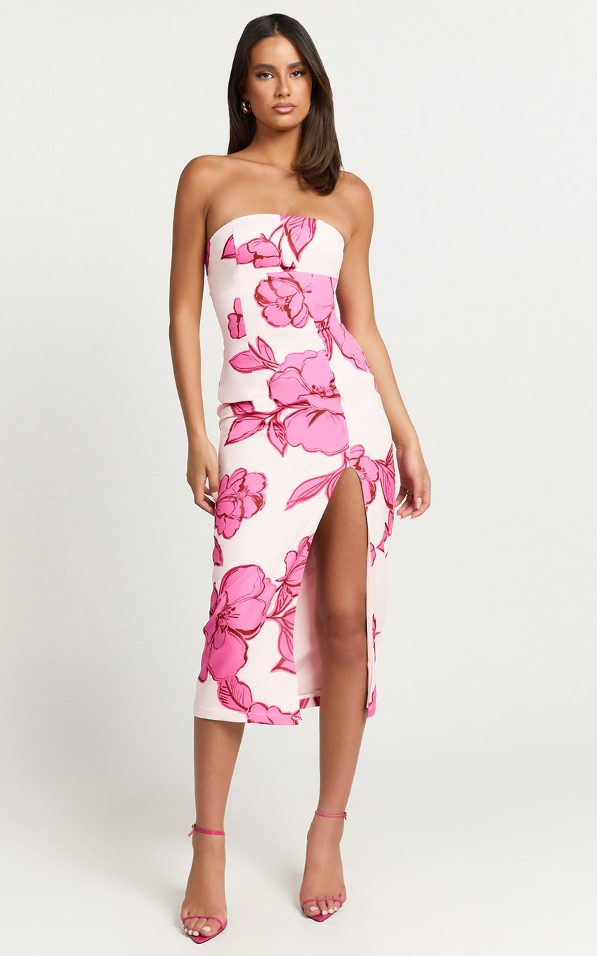 Shantelle Midi Dress - Strapless Bodycon Back Split Dress in Bouquet Di Fiori Print