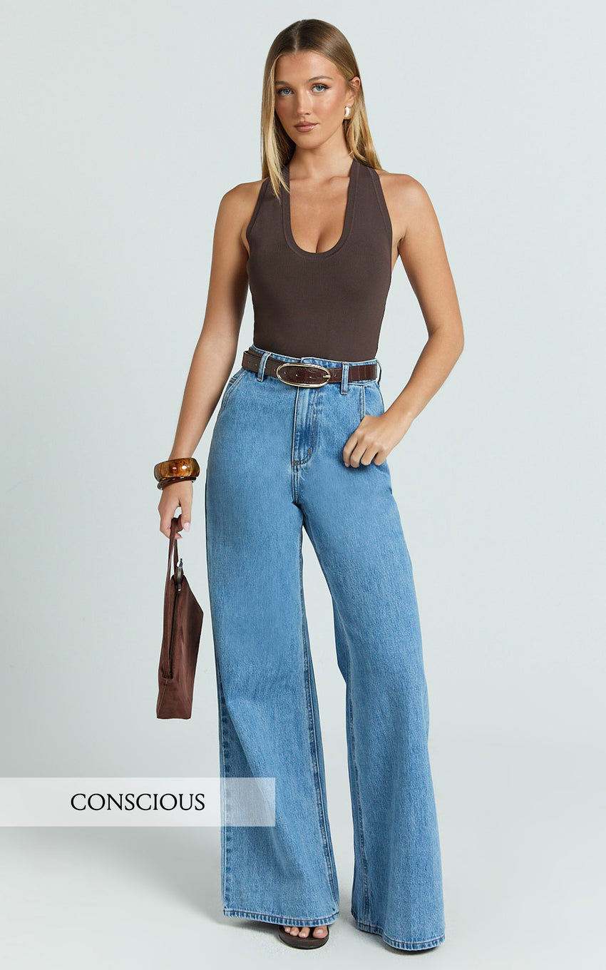 Therese Jeans - High Waist Wide Leg Flare Recycled Denim Jeans in Light Mid