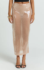 Tiffany Midi Skirt - Low Waisted Sheer Sequin Skirt in Nude Sequin