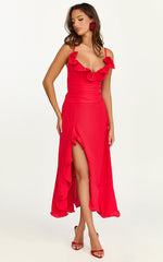Vivienne Midi Dress - Rosette Neck Gathered Frill Split Leg Dress in Red