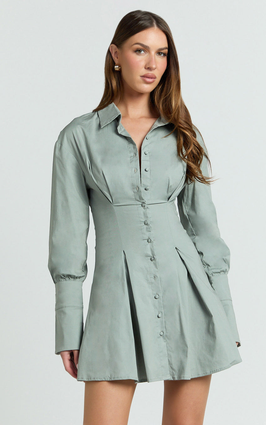 Yasmina Mini Dress - Button Front Long Sleeve Fit And Flare Dress in Sage