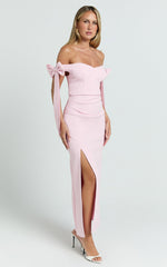 Zyriel Midi Dress - Off Shoulder Bow Sleeve Dress in Pink